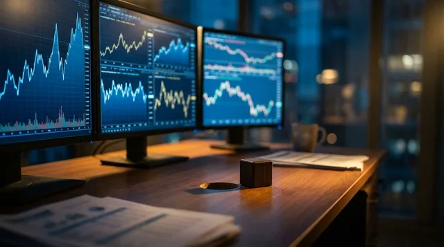 A trader sits at a desk staring at multiple monitors displaying conflicting chart patterns — some showing sharp breakouts, others showing choppy sideways movement — with a visible sense of frustration or confusion. The screens cast a cool blue glow in a dimly lit room, emphasizing the disconnect between the trader's rigid approach and the unpredictable market environment. A single chess piece (a square peg) sits beside a round hole on the desk, subtly reinforcing the theme of forcing the wrong s