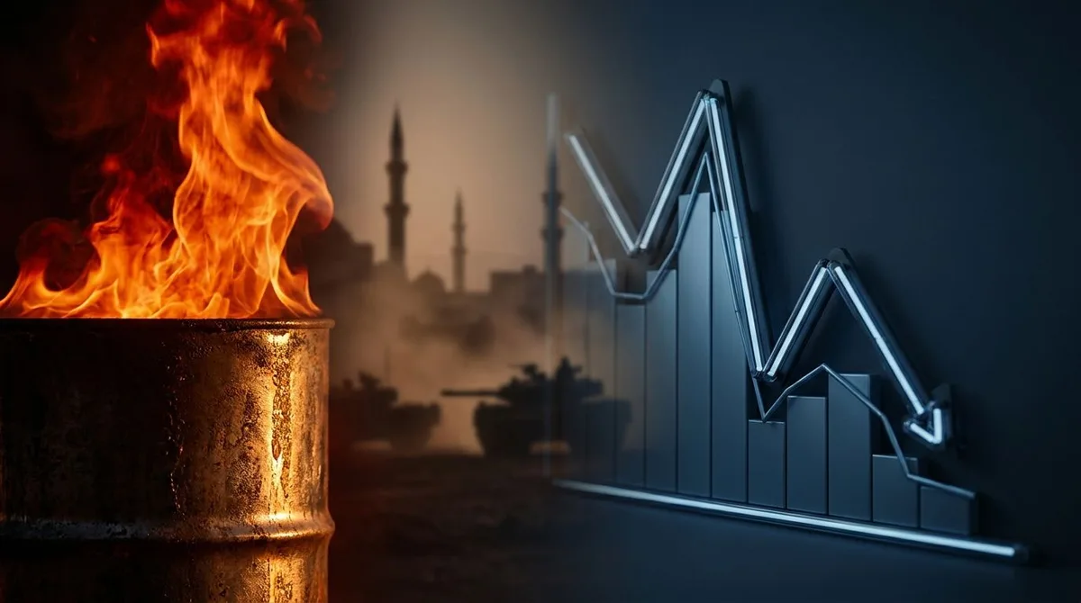 A split-screen composition showing a dramatic upward-surging oil barrel or flame on one side, bathed in intense orange and red tones, contrasted against a downward-trending stock market graph or falling Dow ticker on the other side in cool