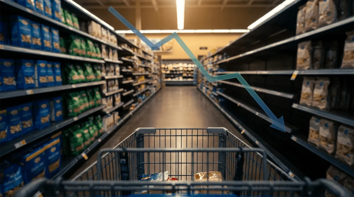 A wide shot of a Kroger grocery store aisle with a shopping cart in the foreground, but the shelves ahead appear slightly emptier or the perspective subtly narrows to suggest contraction and slowing momentum.