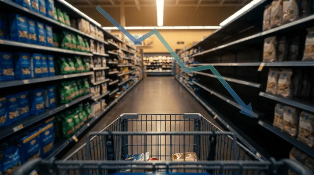 A wide shot of a Kroger grocery store aisle with a shopping cart in the foreground, but the shelves ahead appear slightly emptier or the perspective subtly narrows to suggest contraction and slowing momentum.