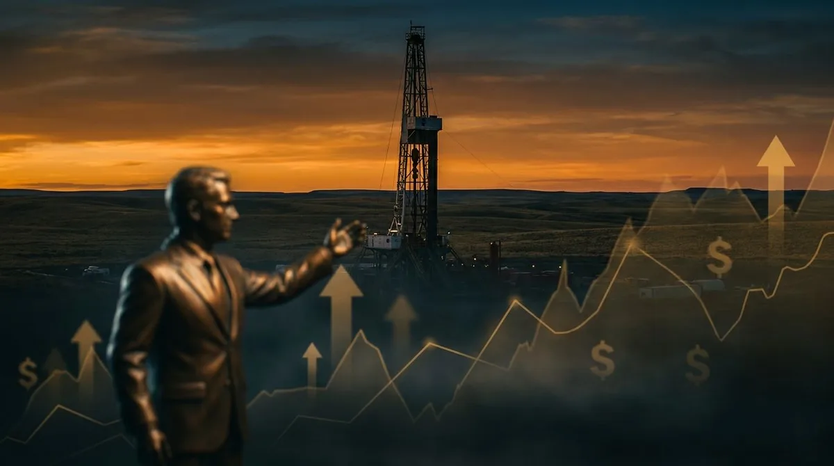 A powerful visual of an oil derrick or drilling rig silhouetted against a dramatic Patagonian landscape, with golden financial charts or currency symbols subtly overlaid in the background.