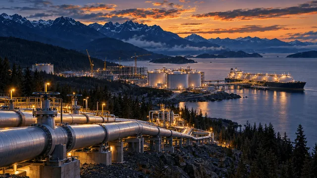 Aerial dusk view of a British Columbia coastal natural gas pipeline network leading to an LNG export terminal with tanker ship, framed by forested mountains and construction cranes symbolizing energy expansion.