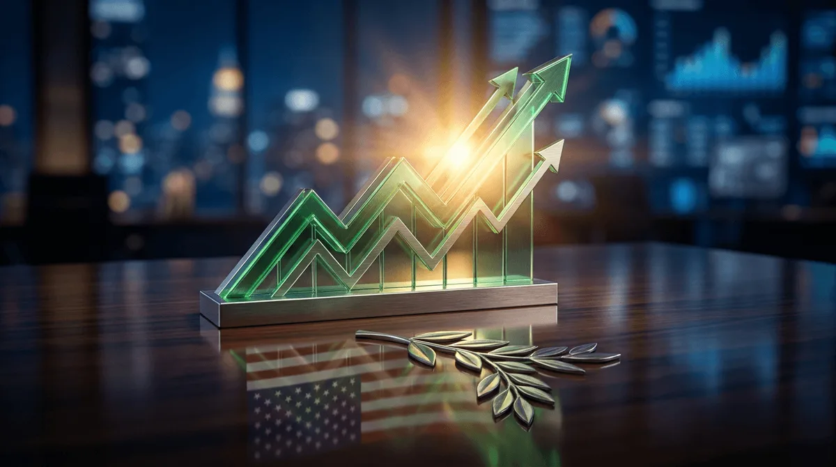 A dramatic upward-sweeping stock market chart rendered in glowing green against a dark background, with the American flag and a symbolic olive branch or dove subtly reflected in the glossy surface below it.
