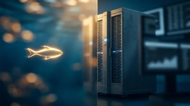 A dramatic split-image composition showing a lone individual trader at a sleek laptop on one side, contrasted against a massive, imposing institutional trading floor filled with screens and analysts on the other. The small trader glows with a nimble, golden light suggesting speed and agility, while the large operation appears powerful but slow-moving, almost weighed down by its own scale. A visual metaphor of a swift, glowing fish darting effortlessly through water alongside a massive, slower wh