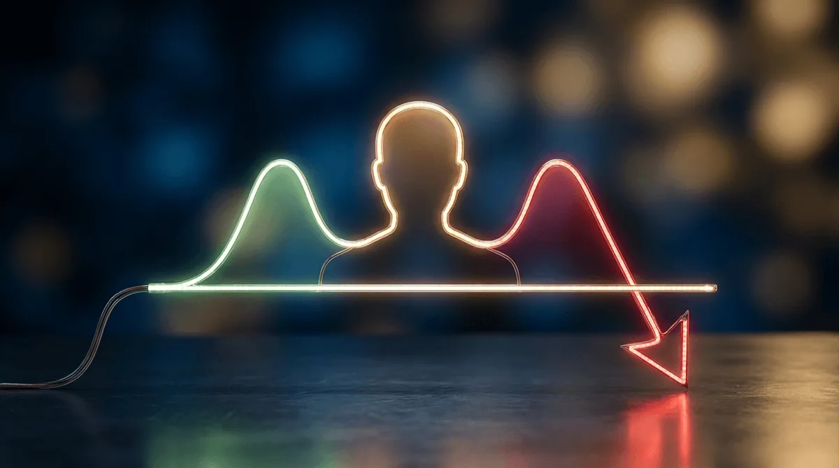 A stylized stock chart displayed on a dark background shows three distinct price peaks forming the classic silhouette of a human head flanked by two shoulders, with a clean horizontal neckline cutting across the base of the formation.