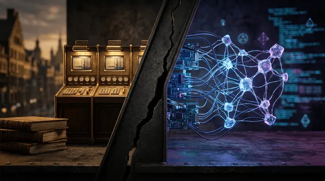 A split-screen composition divides the frame between a traditional stock exchange floor bathed in warm golden light with orderly rows of trading screens, and a glowing, electric-blue cryptocurrency network of interconnected nodes and blockc