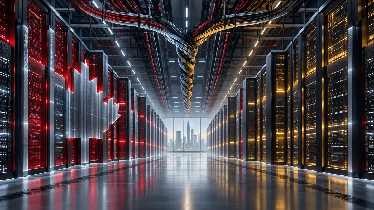 Two distinct data-centre server halls, one with maple-inspired red-grey lighting and one with black-red-gold industrial lighting, merging into a single corridor with braided cables leading toward a distant office tower.