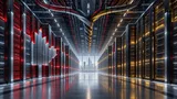 Two distinct data-centre server halls, one with maple-inspired red-grey lighting and one with black-red-gold industrial lighting, merging into a single corridor with braided cables leading toward a distant office tower.