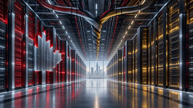 Two distinct data-centre server halls, one with maple-inspired red-grey lighting and one with black-red-gold industrial lighting, merging into a single corridor with braided cables leading toward a distant office tower.