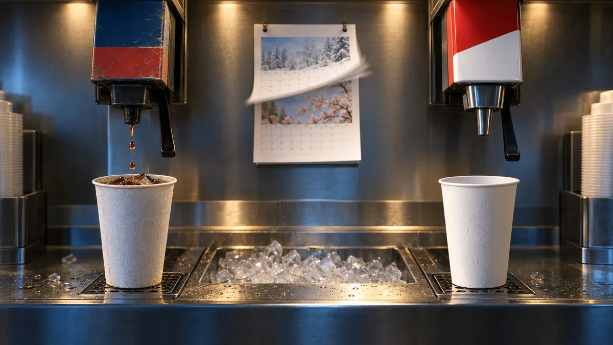 A restaurant soda fountain station showing one beverage nozzle finishing a pour in muted red-blue tones on the left and a brighter new nozzle in red-white tones on the right, with a wall calendar page flipping from winter to spring between them, symbolizing a supplier transition.