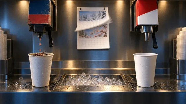 A restaurant soda fountain station showing one beverage nozzle finishing a pour in muted red-blue tones on the left and a brighter new nozzle in red-white tones on the right, with a wall calendar page flipping from winter to spring between them, symbolizing a supplier transition.