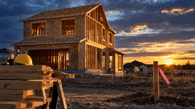 A single unfinished suburban house frame stands at dusk, its raw lumber studs and plywood sheathing exposed against a darkening sky, with a stack of fresh two-by-fours and a yellow hard hat resting on a sawhorse in the foreground.