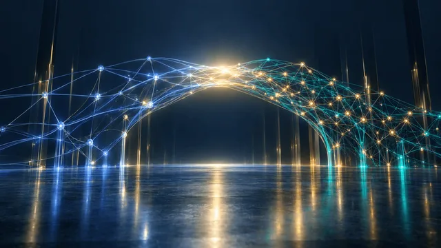 Abstract editorial illustration of two glowing network-like structures merging into one unified lattice of light, symbolizing a major financial acquisition joining two electronic trading platforms.
