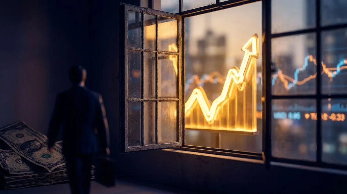 A large window dramatically swinging open to reveal a bright, upward-trending stock chart glowing with golden light, symbolizing the opening of a prime buying opportunity. In the foreground, a shadowy figure of a corporate executive walks away from a pile of cash, while in the background smaller, overlooked stock tickers pulse with energy. The contrast between the departing insider and the flood of incoming corporate buyback power creates a sense of urgency and hidden opportunity.