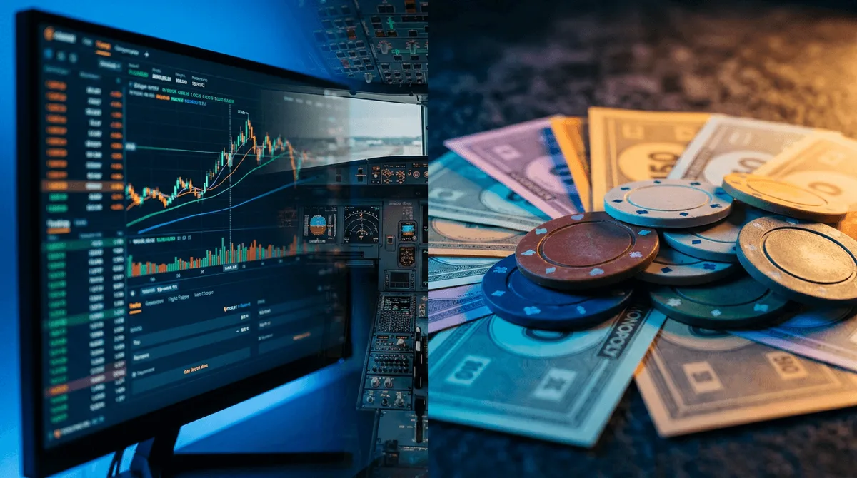 A split-screen visual showing a glowing computer monitor displaying colorful stock charts and trading interface elements on one side, with physical play money or poker chips on the other side, symbolizing the "virtual funds" concept.