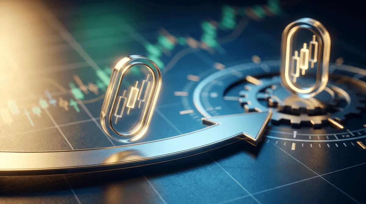 A single glowing options contract icon (a candlestick-style token) shown mid-motion along a curved arrow, transforming into a second, slightly larger token further along a timeline that stretches toward a distant expiration marker.