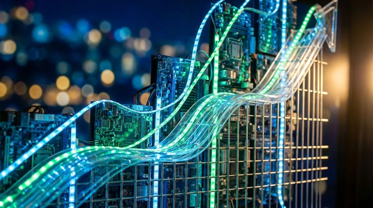 A dynamic upward-trending stock chart rendered in vivid green fills the frame, with glowing Nasdaq and tech sector data lines surging sharply higher against a dark financial dashboard background.