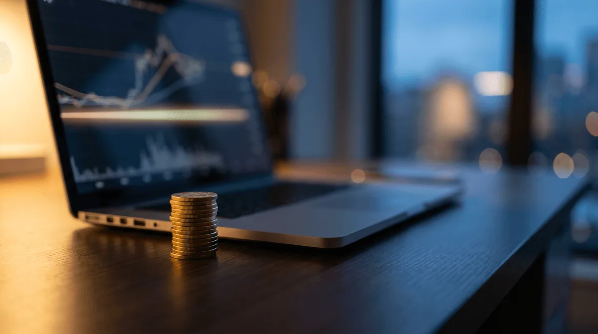 A confident investor sits at a modern desk with a laptop displaying a stock options chain, while a stack of physical cash or coins rests visibly beside the keyboard, symbolizing premium income being collected.