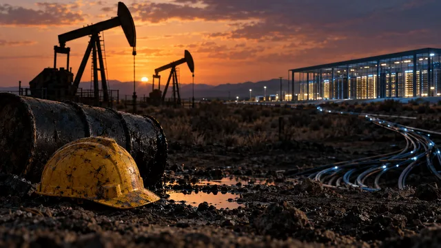 A pair of industrial pump jacks sits idle in a dusty oil field at dusk, their silhouettes dark against a fading orange sky, while in the far distance a cluster of illuminated server racks glows faintly inside a glass-walled data center.