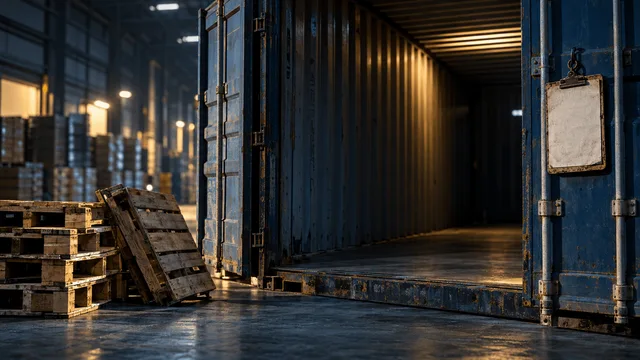 A single weathered cargo manifest clipboard hangs empty-handed beside an open shipping container door, its delivery slot stamped but unsigned, lit by stark warehouse fluorescents.