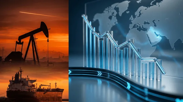 A dramatic split-composition image: on one side, an oil pump jack or tanker silhouetted against a fiery orange Gulf sunset with a subtle military jet or missile trail streaking overhead, symbolizing the Kuwait strike and crude price surge.