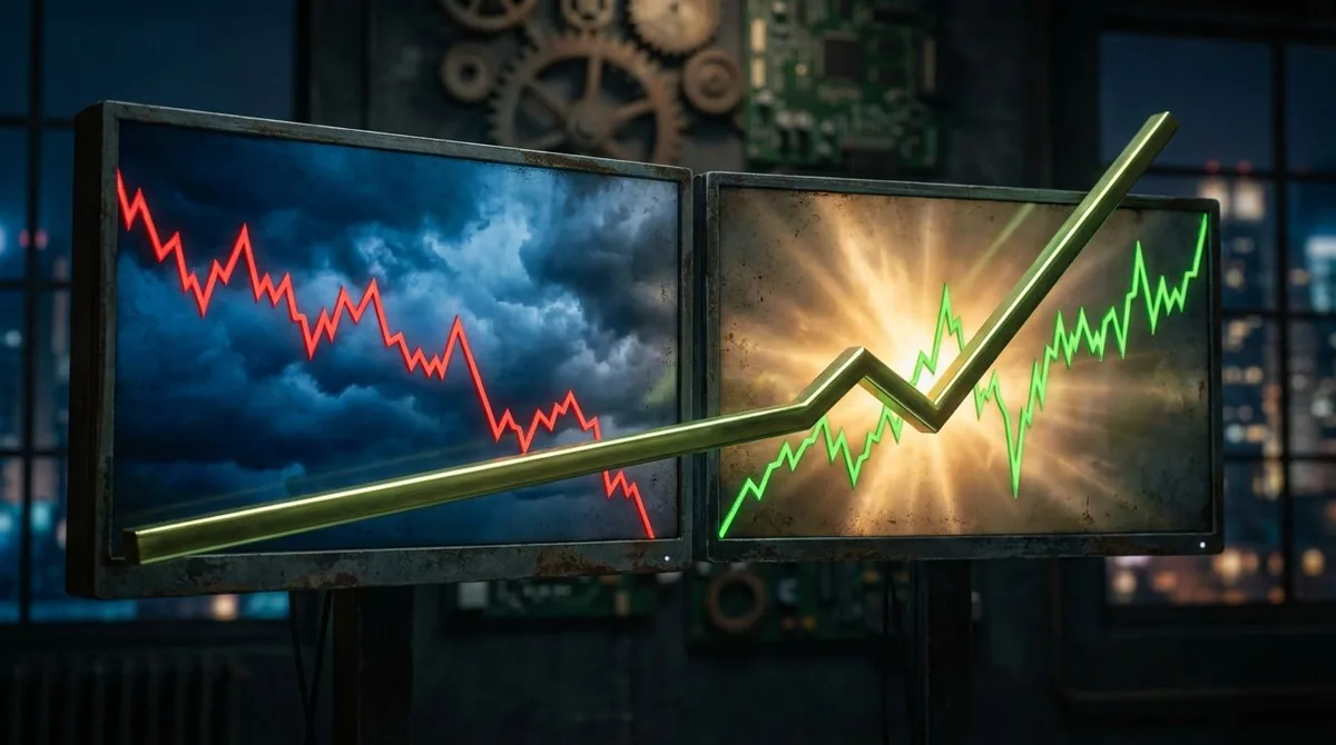 A dramatic split-screen visualization of a stock market chart, with one half showing a sharp downward breakdown in red and the other half showing an explosive upward breakout in bright green, symbolizing two simultaneous market realities. In the foreground, a single bold upward-breaking chart line cuts through the chaos, representing the rare but powerful breakout opportunity emerging from widespread weakness. The overall mood is tense and electric, with dark storm clouds on one side contrasting