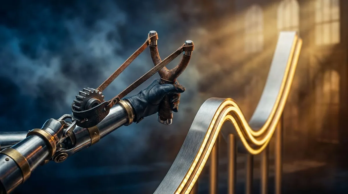 A bold, dynamic image of a trader confidently pulling back a giant slingshot aimed at a rising stock chart or upward-trending graph, symbolizing the concept of controlled risk leading to big gains. The background should convey market volatility with dramatic lighting — perhaps stormy skies on one side transitioning to bright, golden light on the other. The tension in the slingshot visually captures the paradox of restraint enabling powerful, explosive upside moves.