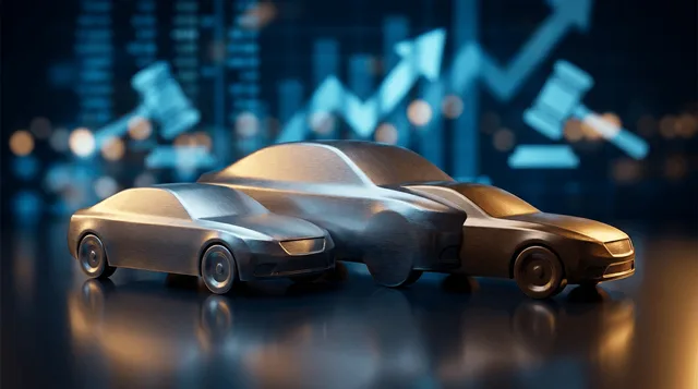A sleek corporate handshake or merger visual featuring two stylized car auction gavels or vehicle silhouettes converging into one, set against a backdrop of a digital marketplace interface with rising stock ticker graphics.