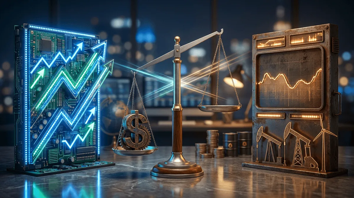 A split-screen visualization shows contrasting stock ticker displays or market boards side by side — one glowing with high-energy blue and green tones representing a soaring tech sector, the other rendered in muted earth tones showing a gro