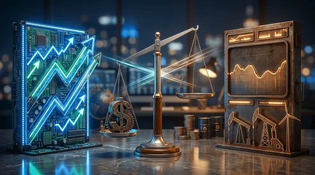 A split-screen visualization shows contrasting stock ticker displays or market boards side by side — one glowing with high-energy blue and green tones representing a soaring tech sector, the other rendered in muted earth tones showing a gro
