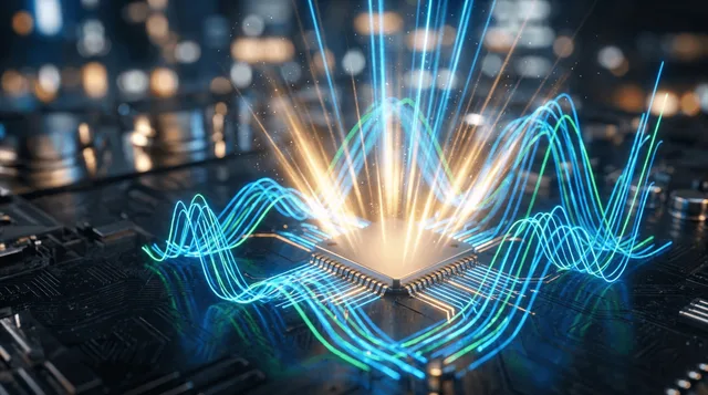 A dynamic upward-trending stock chart rendered in electric blue and green glows against a dark background, with a bold semiconductor chip or circuit board motif integrated into the composition.
