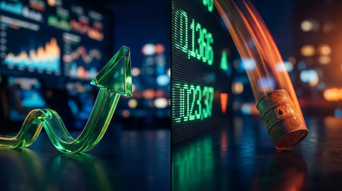 A dramatic split-scene composition showing a bold upward-surging green stock chart arrow on one side, contrasting with a sharp downward-plunging oil barrel graphic on the other side.