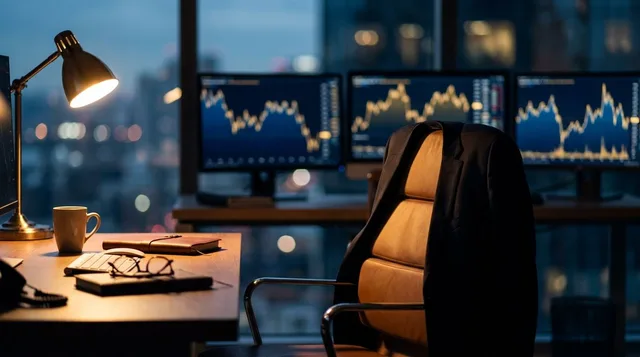 A trader sits back in their chair at a desk, arms crossed and relaxed, deliberately stepping away from multiple glowing screens displaying volatile, jagged market charts. The mood is calm and composed — a deliberate contrast between the chaotic, conflicting price movements on the screens and the trader's patient, unhurried posture. Warm, focused lighting emphasizes the sense of disciplined restraint, visually capturing the power of choosing *not* to act.