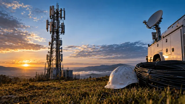 A weathered steel cell tower rises against a clear dawn sky in an open field, its antenna arrays and coaxial cables gleaming with fresh hardware alongside older rusted brackets, suggesting new equipment being added to existing infrastructur