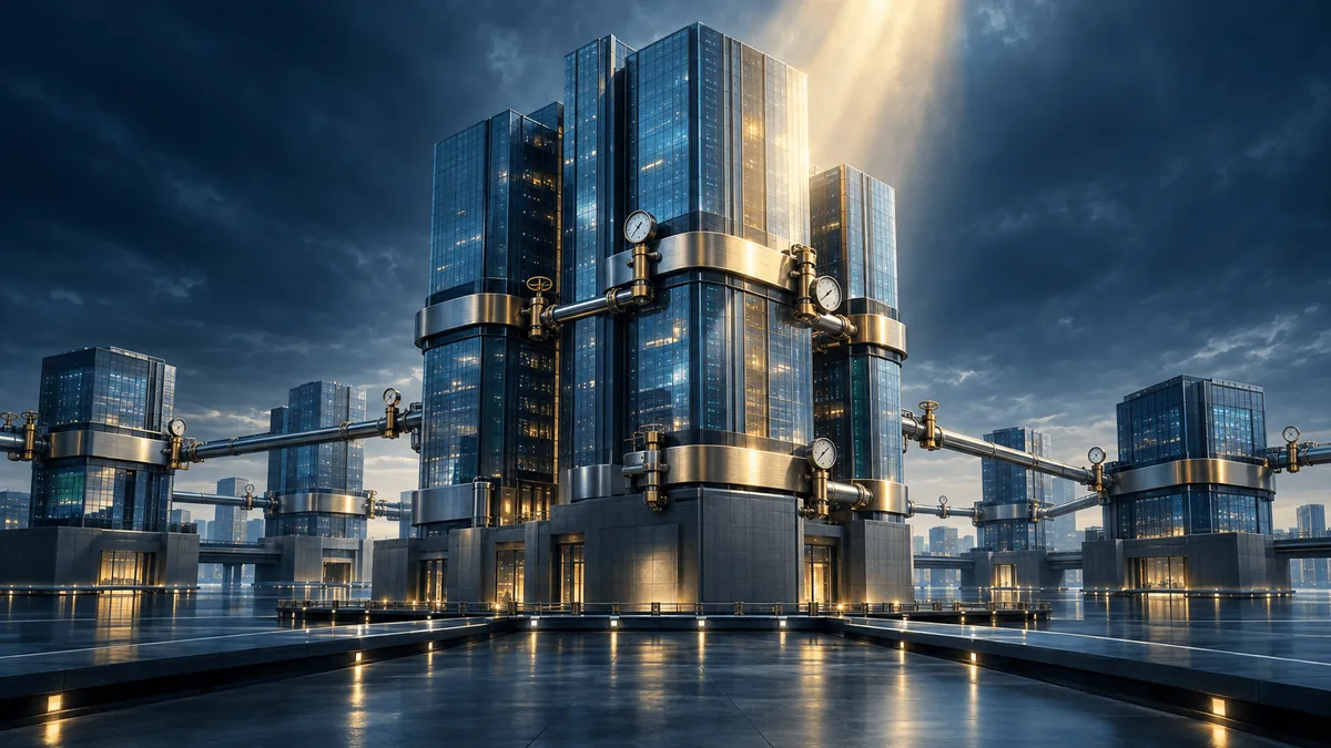 A massive intact glass tower complex representing an ad tech business, wrapped with restraining bands and pressure valves at its joints, lit by a single overhead shaft of light, with smaller connected structures nearby linked by narrowed conduits.