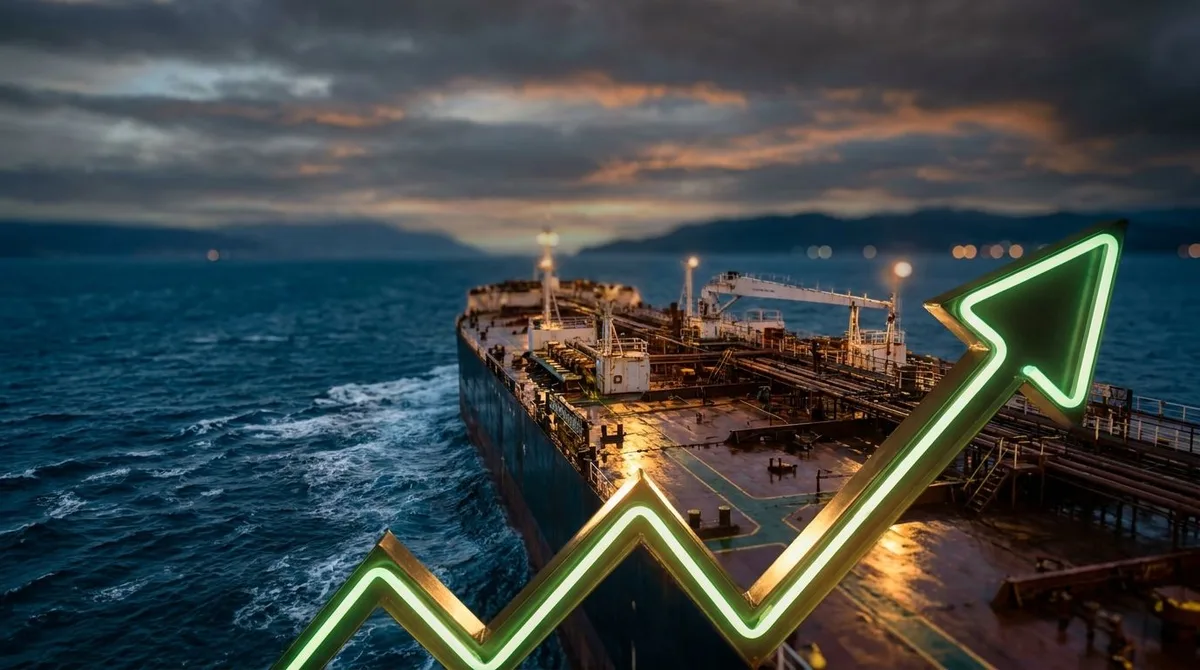 A massive oil tanker ship cuts through dark, dramatic ocean waters under a stormy, tension-filled sky, with the silhouette of a narrow strait visible in the background.