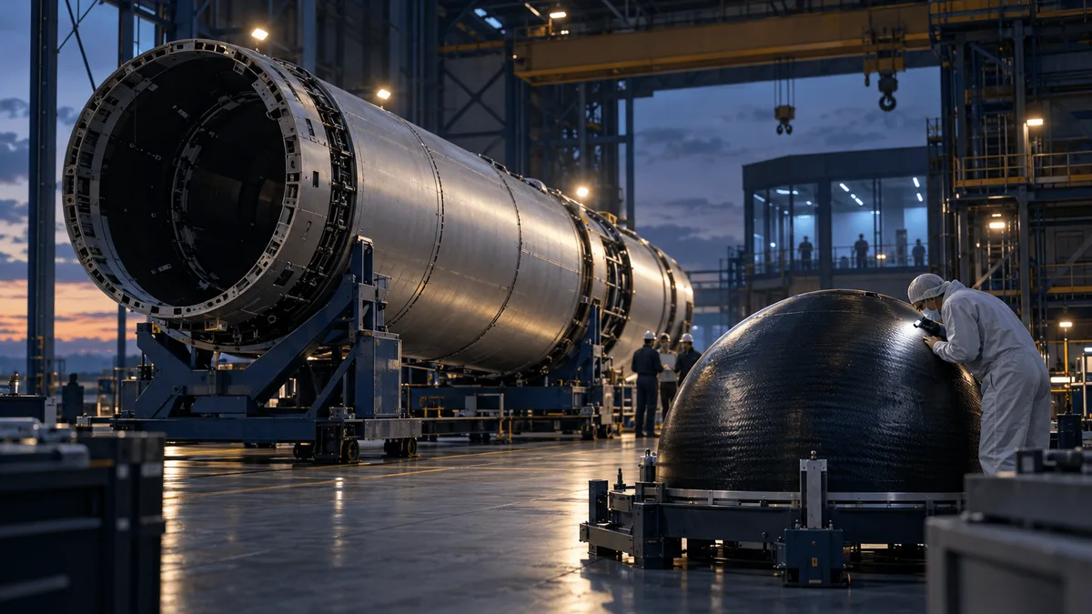 A technician in a clean-room suit inspects a large carbon-composite rocket tank dome for surface defects inside a dimly lit rocket manufacturing hangar, with a partially built rocket stage and overhead gantry cranes in the background.