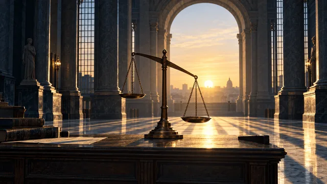 A grand, empty classical bank hall at sunrise with a tipped brass balance scale on an oak table, symbolizing rising bond yields and mounting financial pressure.