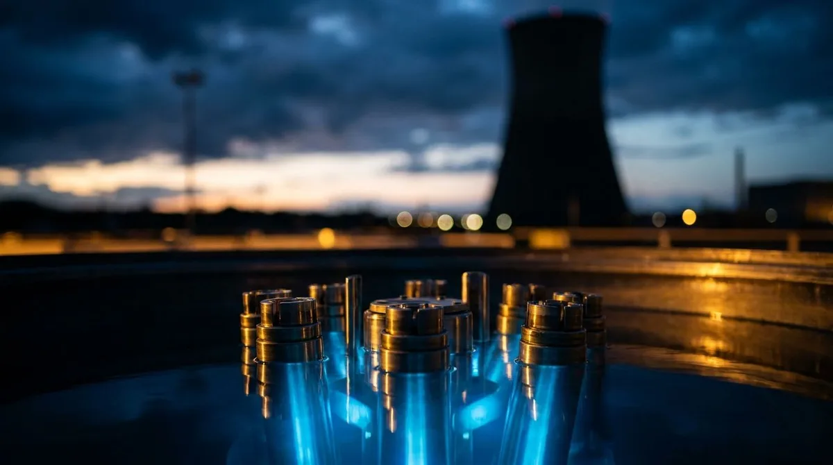 A dramatic close-up of glowing uranium fuel rods submerged in the electric blue light of a nuclear reactor cooling pool, creating an otherworldly, luminescent atmosphere.