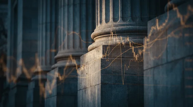 A close-up shot of the Federal Reserve building's neoclassical stone facade with its imposing columns, slightly underexposed to create a sense of tension and uncertainty.