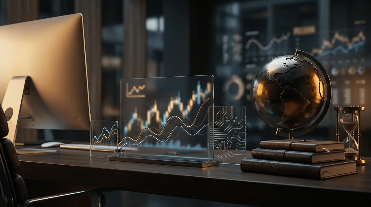 A sleek, multi-panel financial dashboard glows on a modern monitor, displaying colorful stock charts, valuation metrics, and global market data arranged in a clean, organized grid layout.