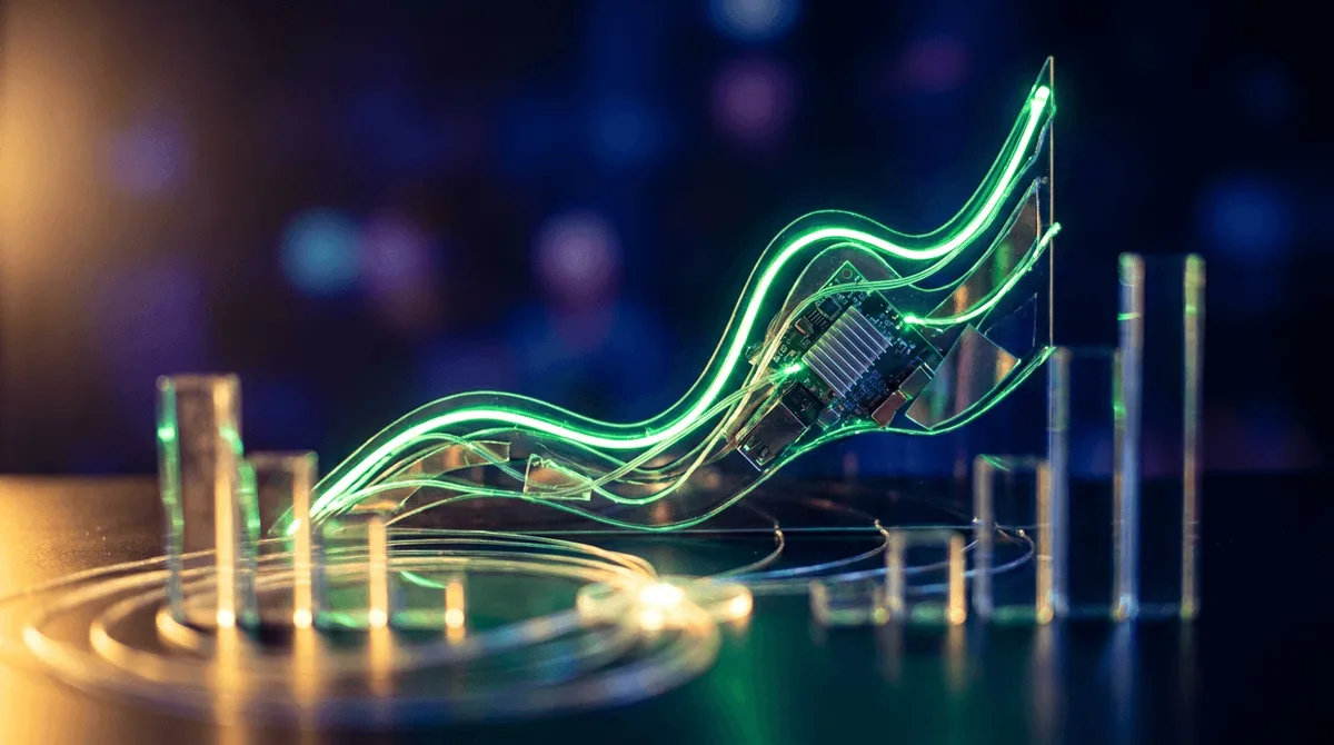 A dramatic upward-trending stock chart rendered in glowing green lines against a dark background, with the iconic Nvidia GPU chip subtly reflected or embedded within the chart's surface.