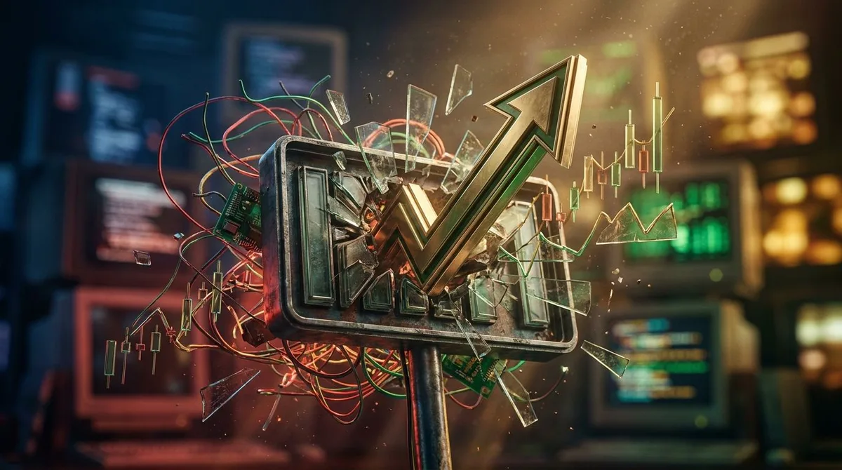 A dramatic upward-shooting rocket or arrow bursting through a GameStop store sign, with a chaotic swirl of stock charts and red/green candlestick patterns exploding outward around it.