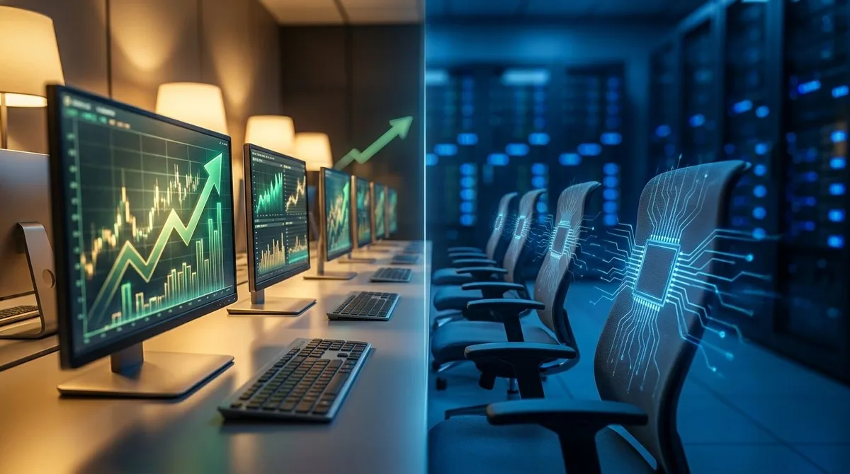 A split-composition image showing a sleek, modern bank trading floor with glowing screens displaying upward-trending charts on one side, and a humanoid robot or AI circuit pattern subtly replacing empty office chairs on the other.
