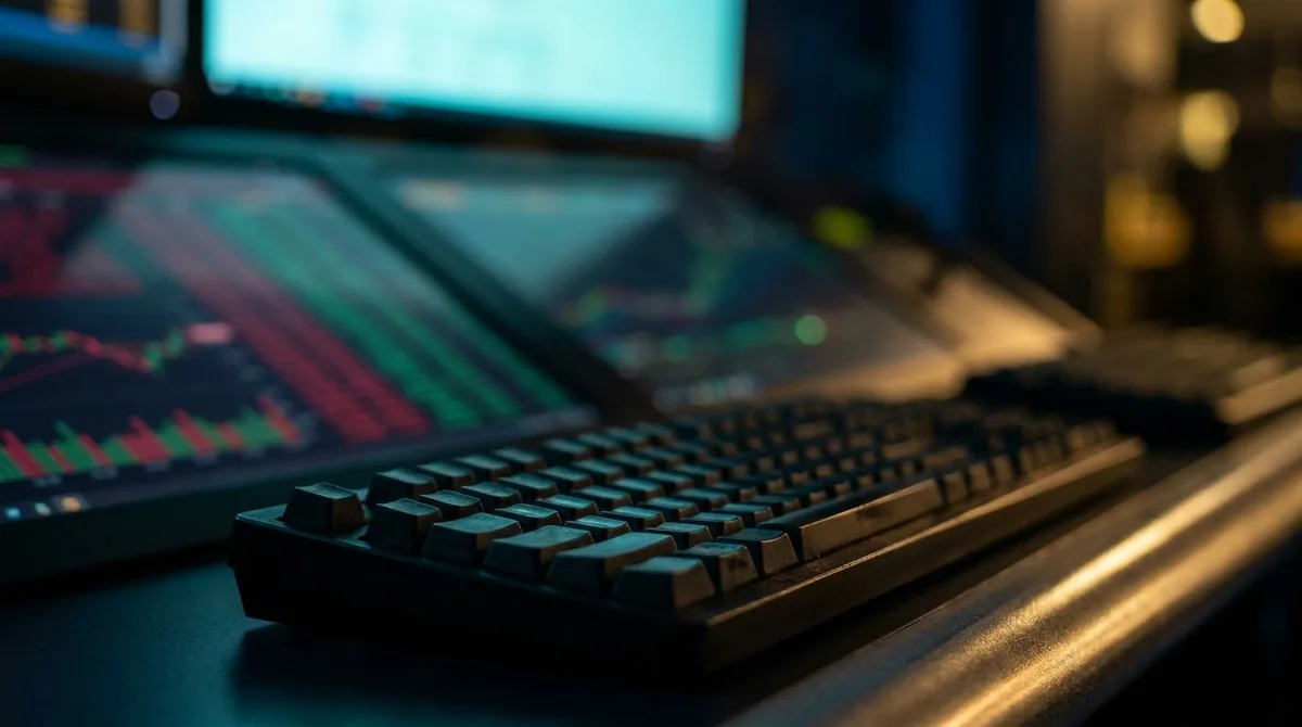 A close-up shot of a glowing trading terminal screen displaying cascading rows of green and red numbers representing bid and ask prices in an order book, with depth and layers of data visually suggesting market complexity.