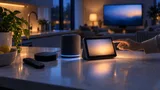 A dimly lit kitchen counter at dusk featuring a small tabletop smart display, a compact speaker, and a media box near a television, with a hand reaching toward the display and a television glowing softly in the background.