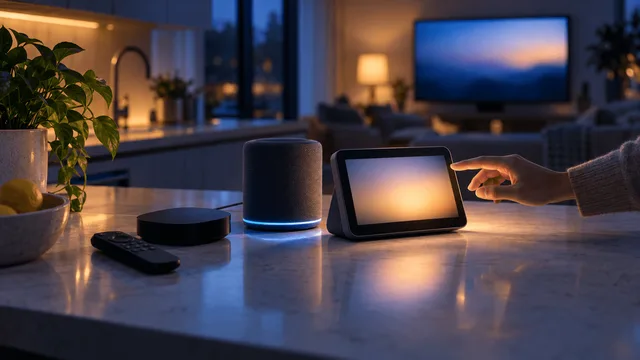 A dimly lit kitchen counter at dusk featuring a small tabletop smart display, a compact speaker, and a media box near a television, with a hand reaching toward the display and a television glowing softly in the background.