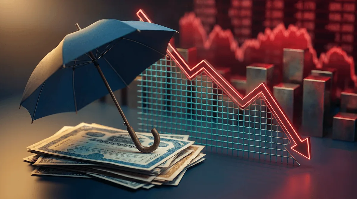 A stock market chart showing a sharp downward price drop, with a bold visual safety net or shield rendered in a contrasting color catching the falling line before it can plummet further.
