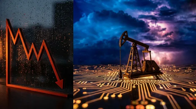 A split-composition image showing a downward-trending stock market graph in deep red on one side, with glowing AI circuit board patterns and an oil derrick silhouette on the other, all bathed in a tense, dramatic amber and red lighting.