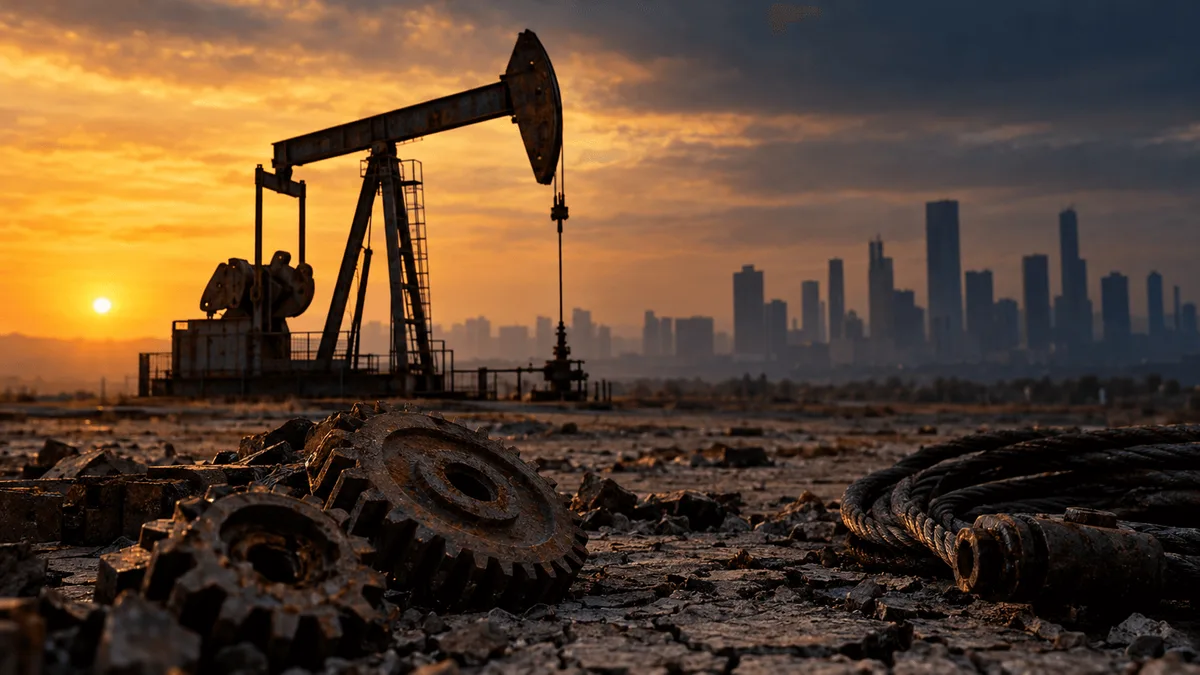 A weathered steel pumpjack stands in sharp silhouette against a hazy amber sky at dusk, its pump arm mid-stroke, while in the soft-focus distance a cluster of darkened office towers fades into haze.